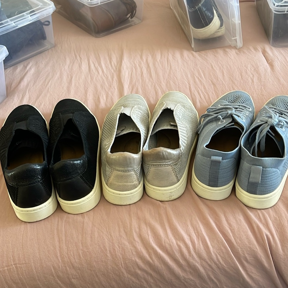 SOFFT Knit Tennis Shoes. Black slip ons 9.5, Grey slip ons 9.5 and Blue Tie 9.5